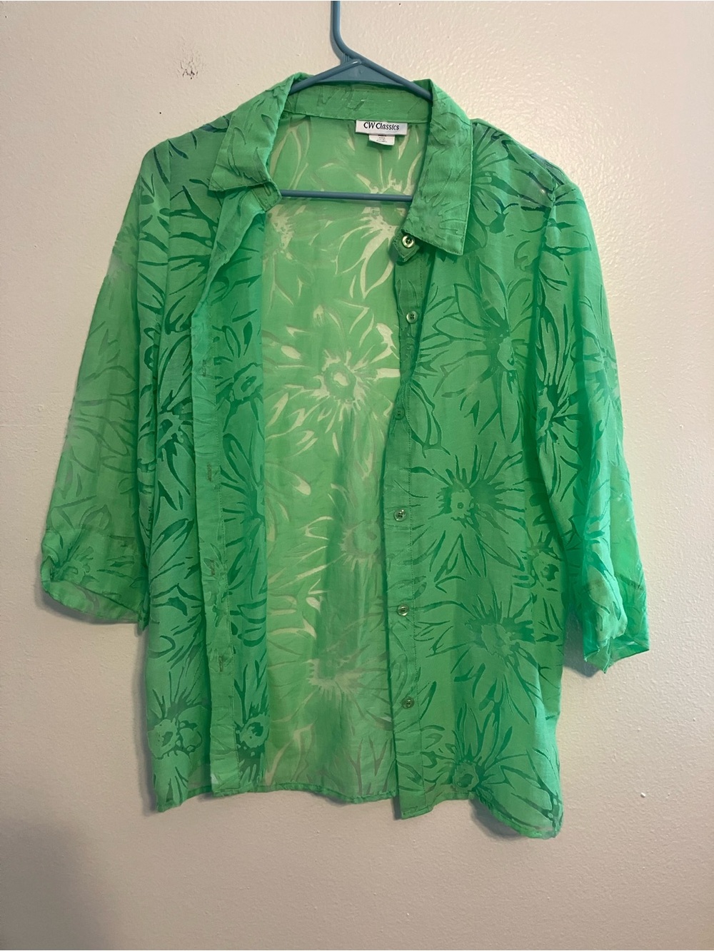 Classic Sheer Green Floral Button-Down Shirt